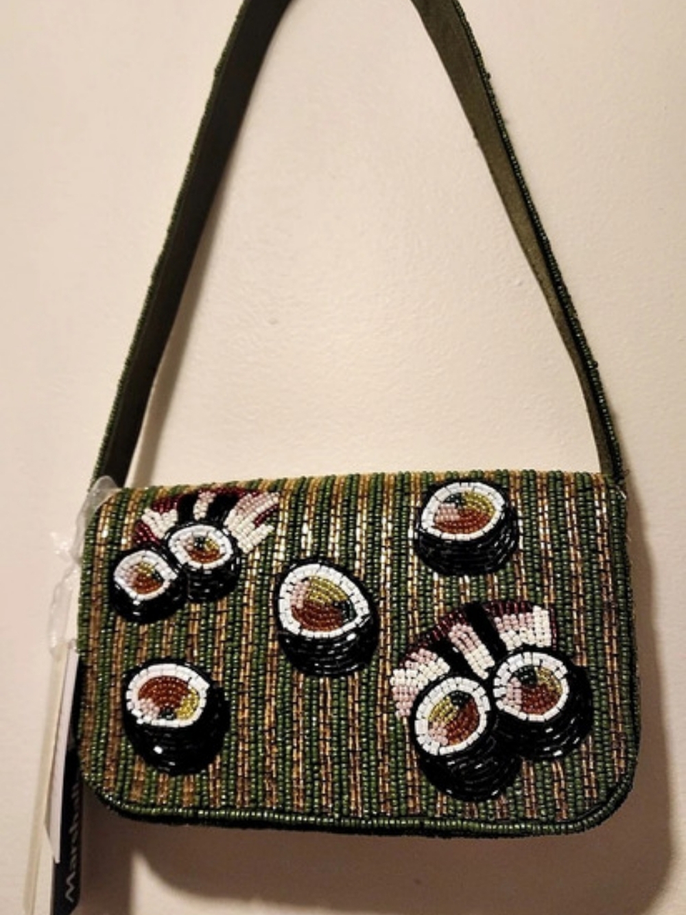 Beaded Sushi Shoulder Bag in Green & Gold NWT